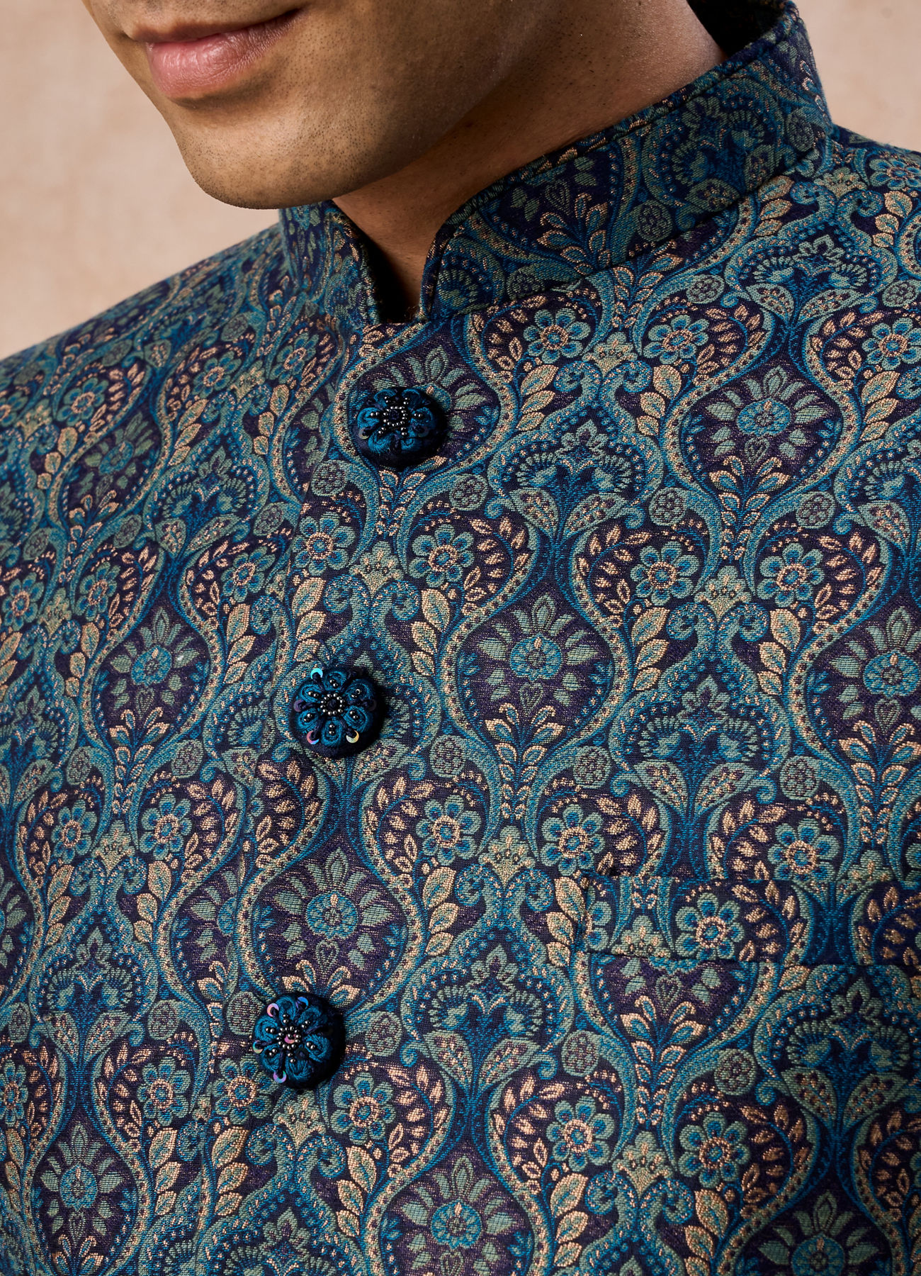 Manyavar Men Teal Blue Sheen Jodhpuri Suit