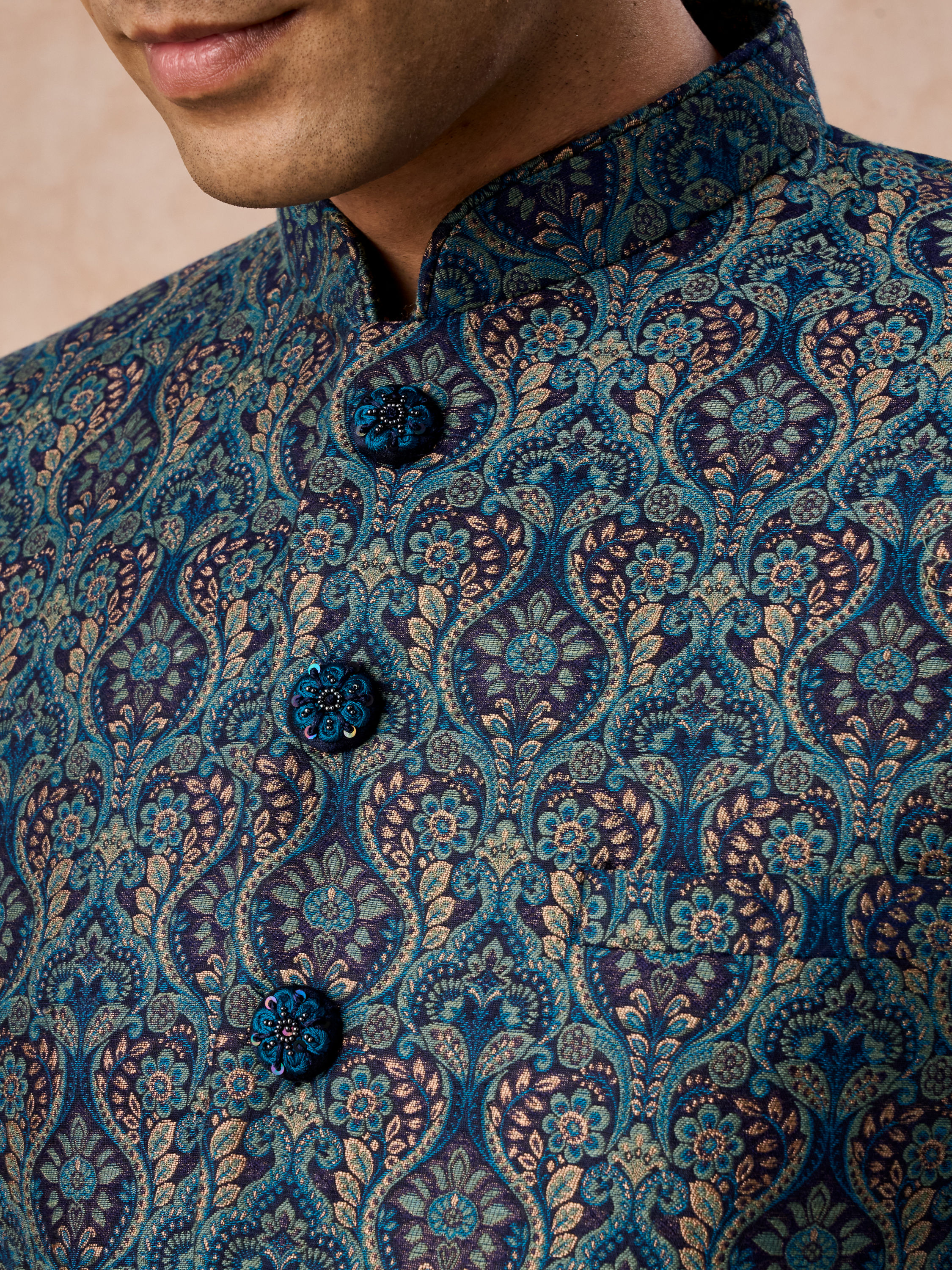 Manyavar Men Teal Blue Sheen Jodhpuri Suit