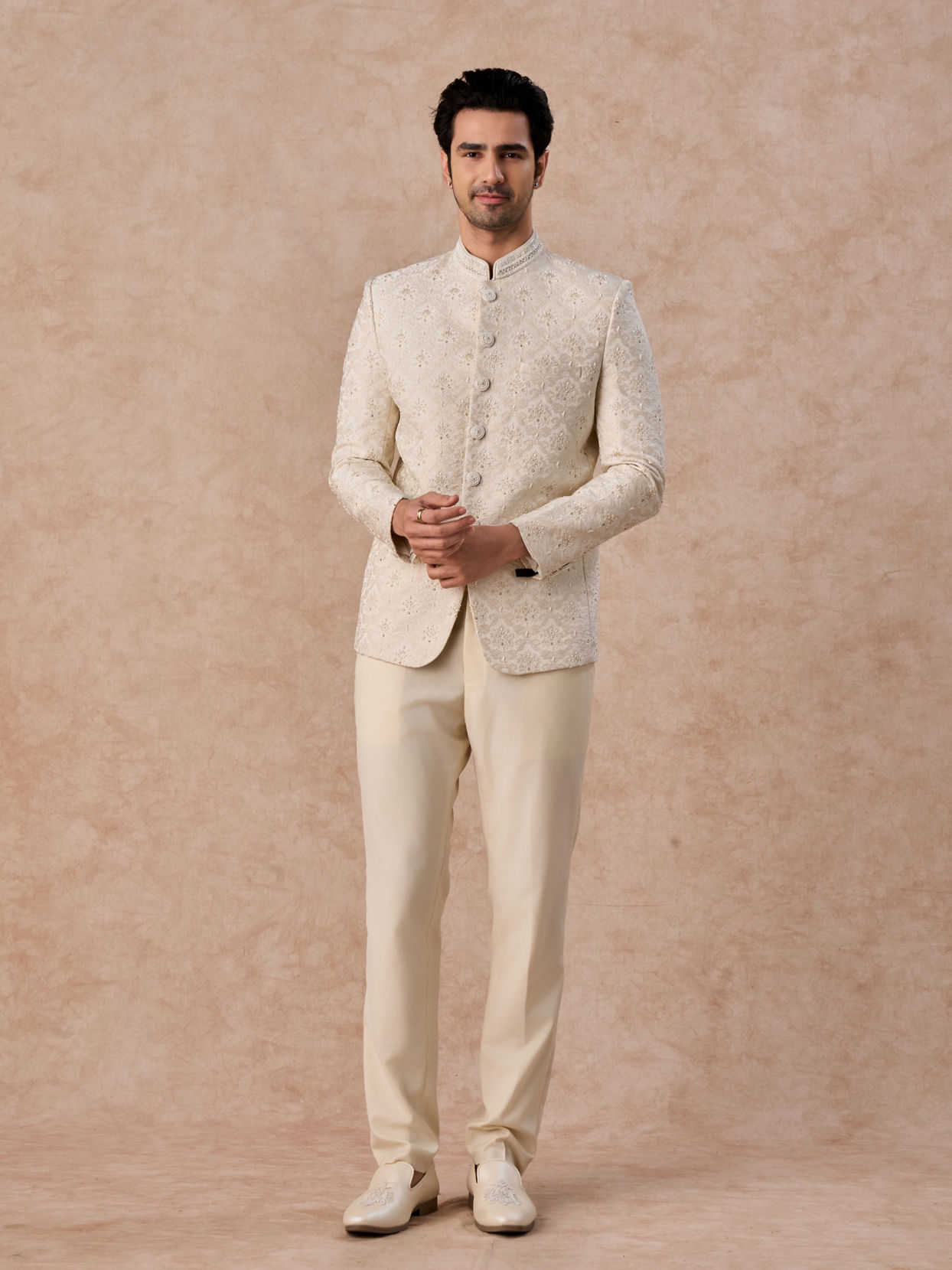 Manyavar Men Brocade Radiance Cream Jodhpuri Suit
