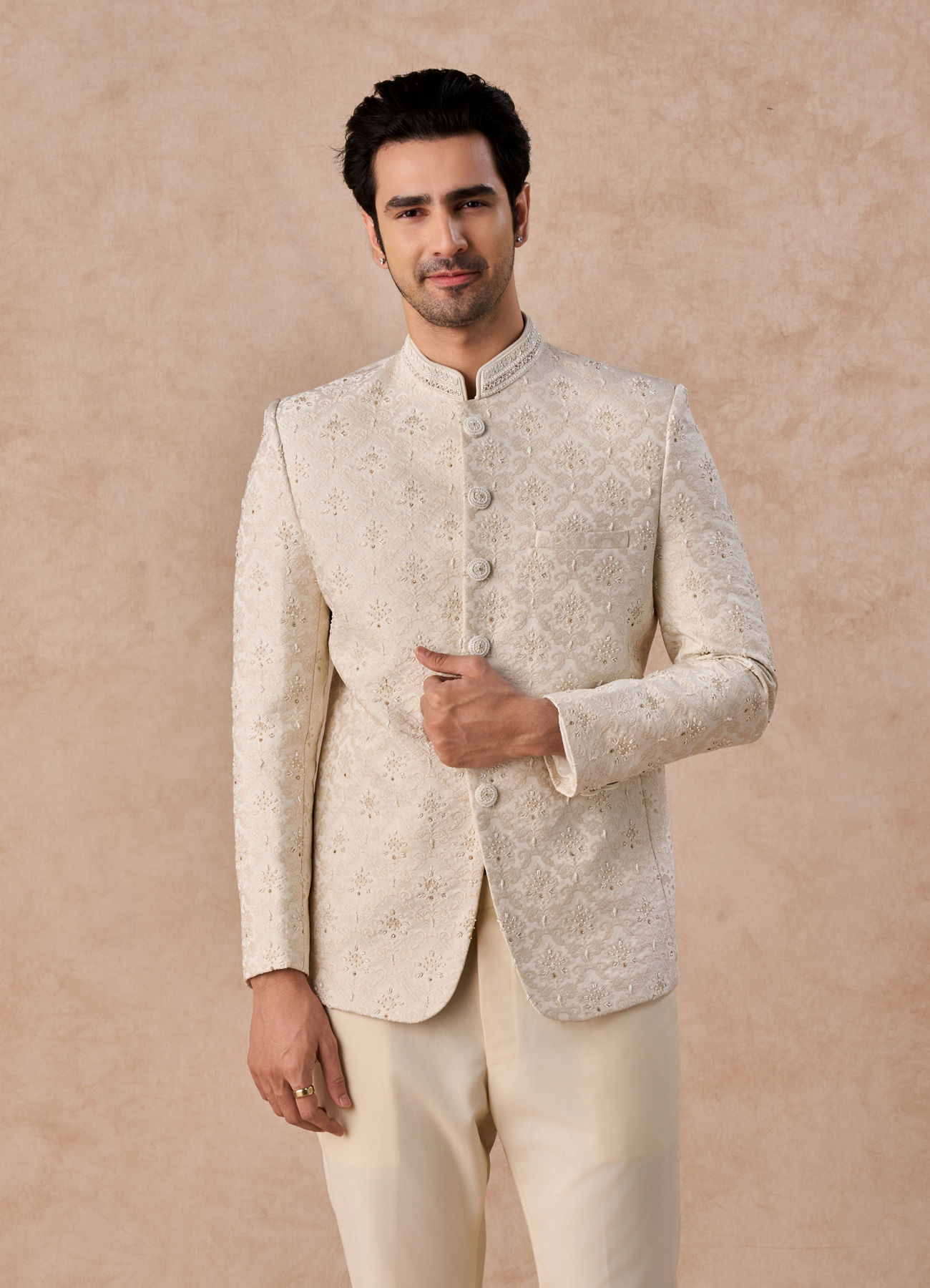Manyavar Men Brocade Radiance Cream Jodhpuri Suit
