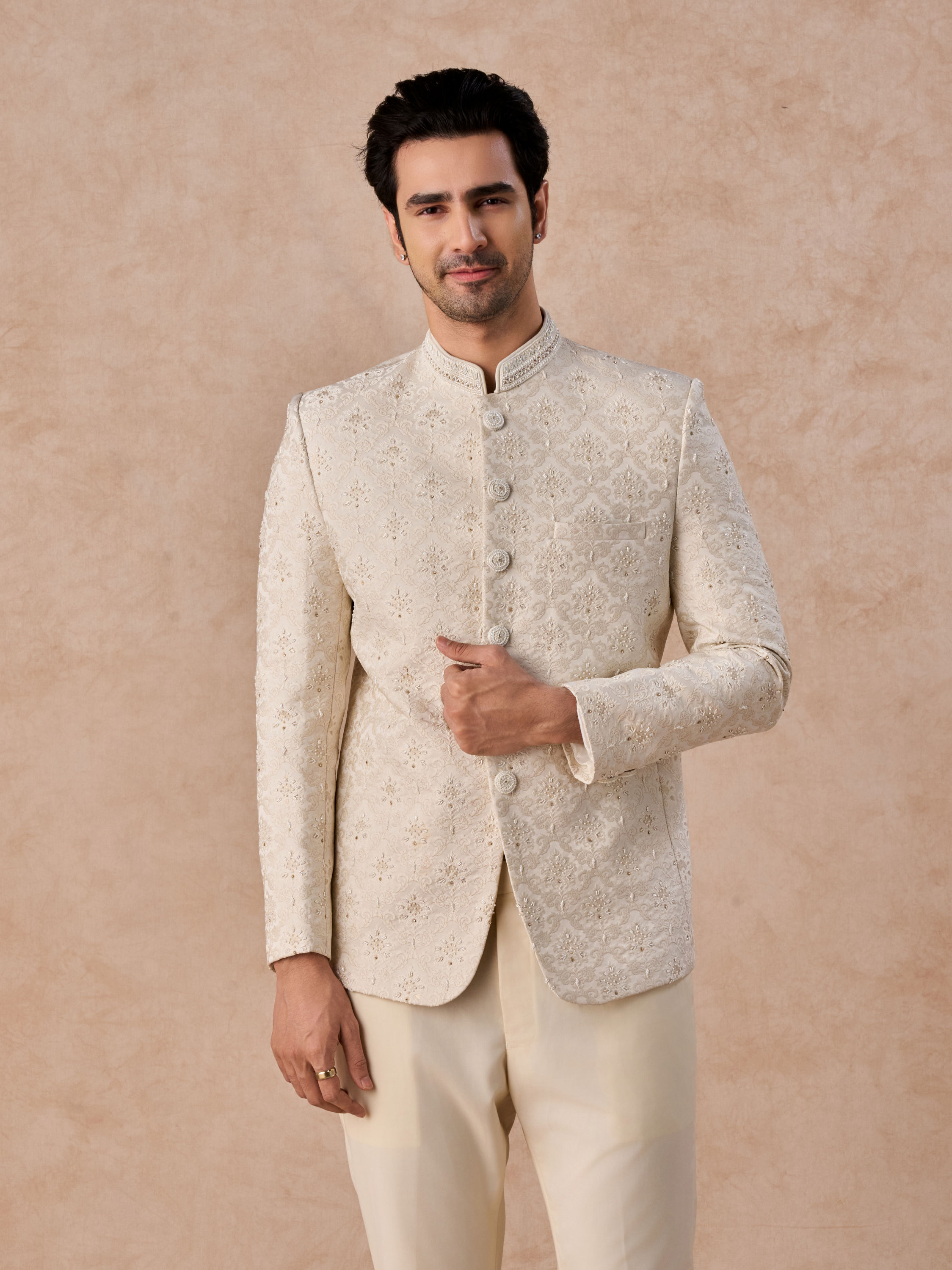 Manyavar Men Brocade Radiance Cream Jodhpuri Suit