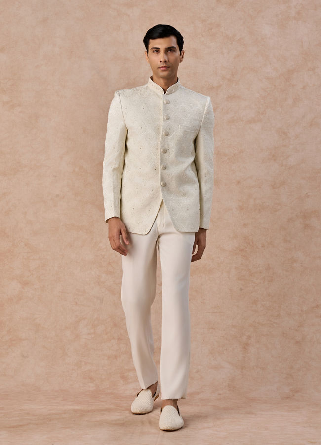 Manyavar Men Cream Brocade Jodhpuri Suit