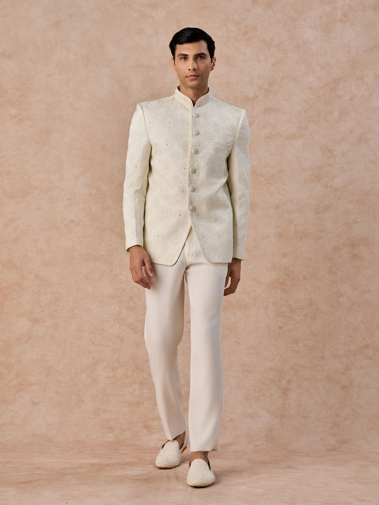 Manyavar Men Cream Brocade Jodhpuri Suit