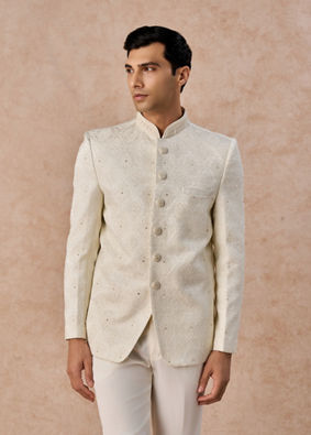 Manyavar Men Cream Brocade Jodhpuri Suit