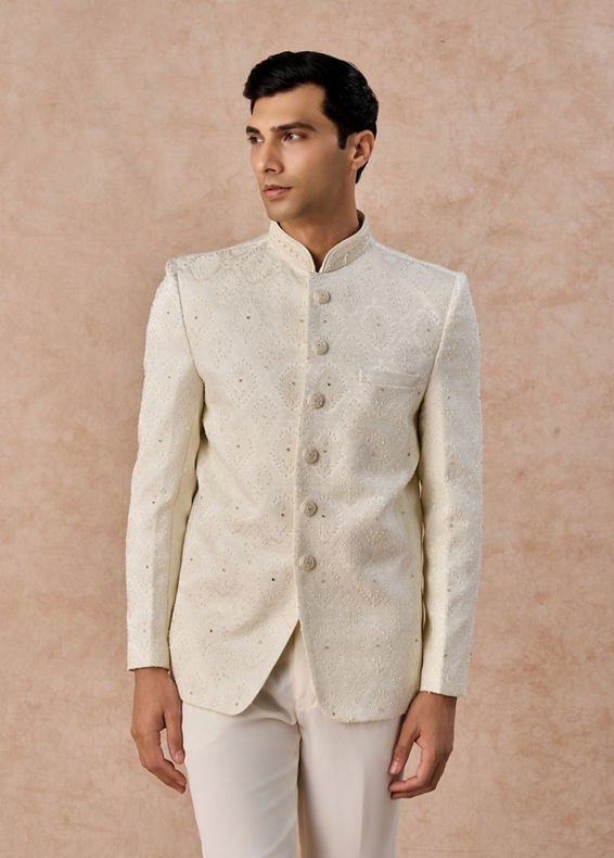 Manyavar Men Cream Brocade Jodhpuri Suit