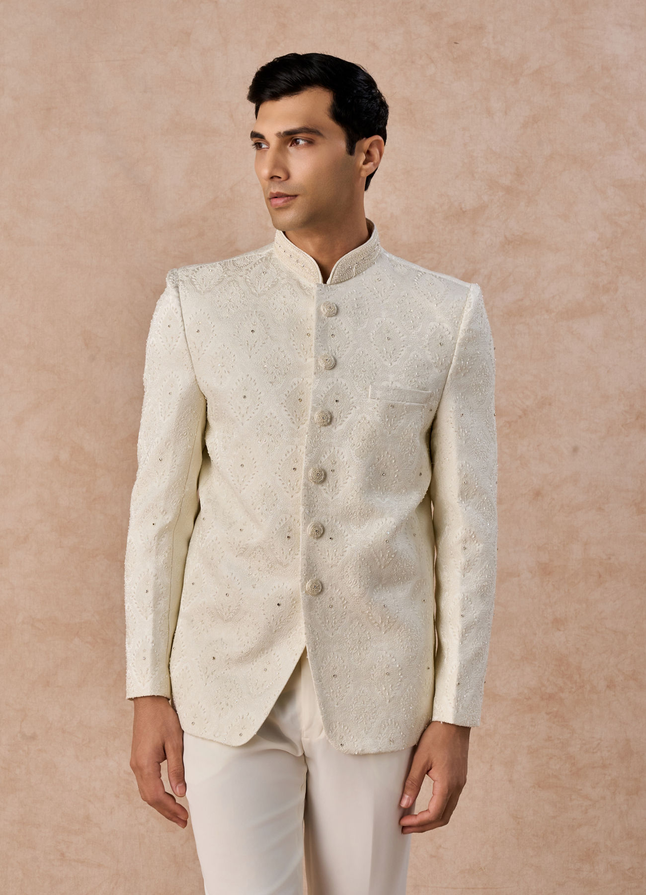 Manyavar Men Cream Brocade Jodhpuri Suit