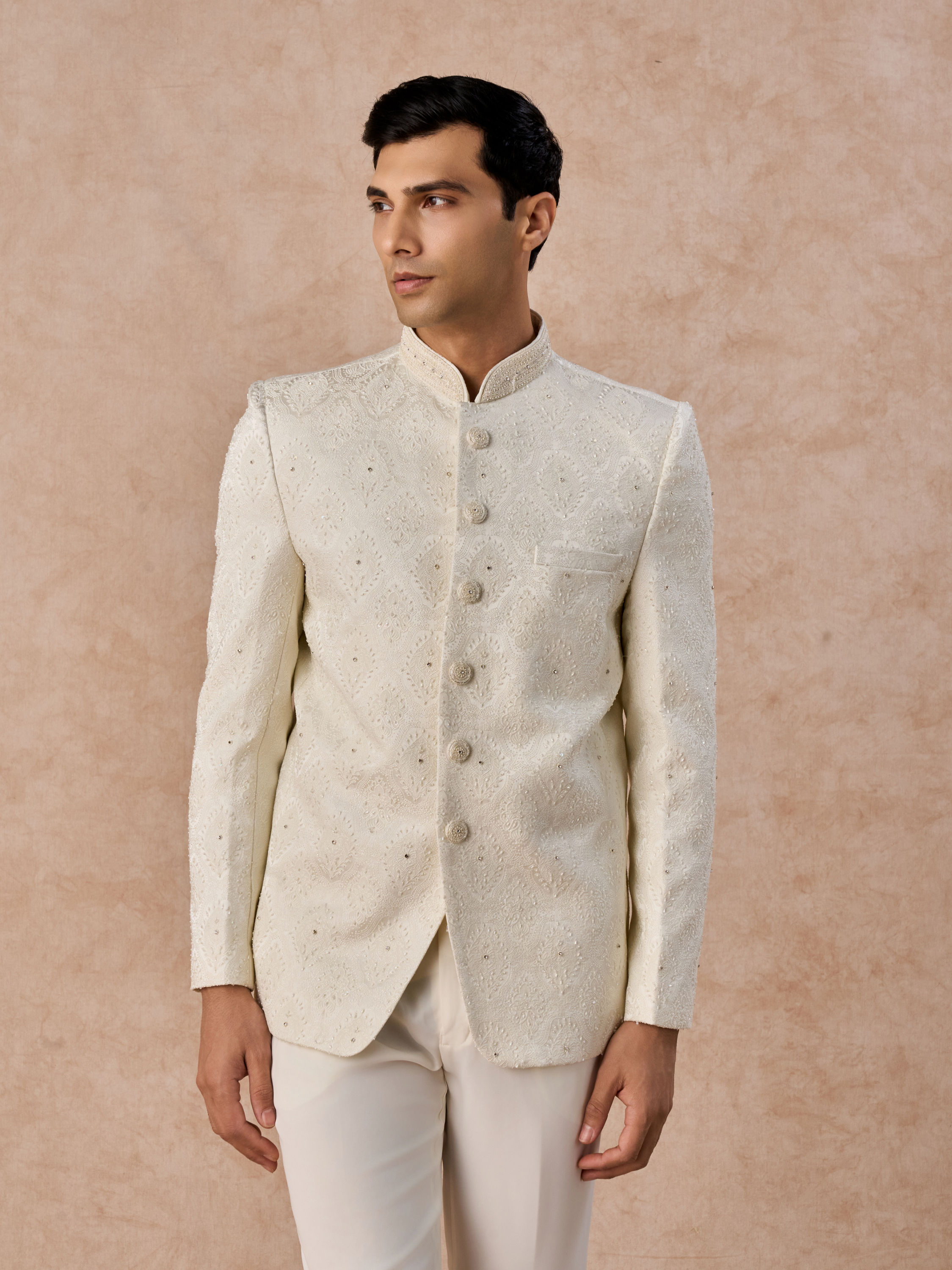 Manyavar Men Cream Brocade Jodhpuri Suit