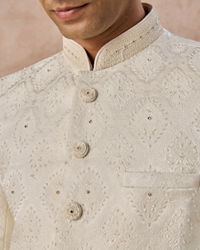 Manyavar Men Cream Brocade Jodhpuri Suit