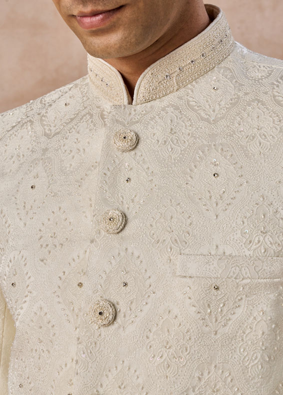 Manyavar Men Cream Brocade Jodhpuri Suit