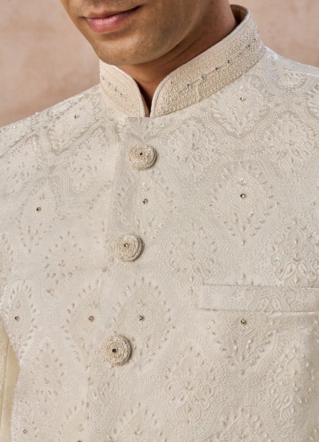 Manyavar Men Cream Brocade Jodhpuri Suit