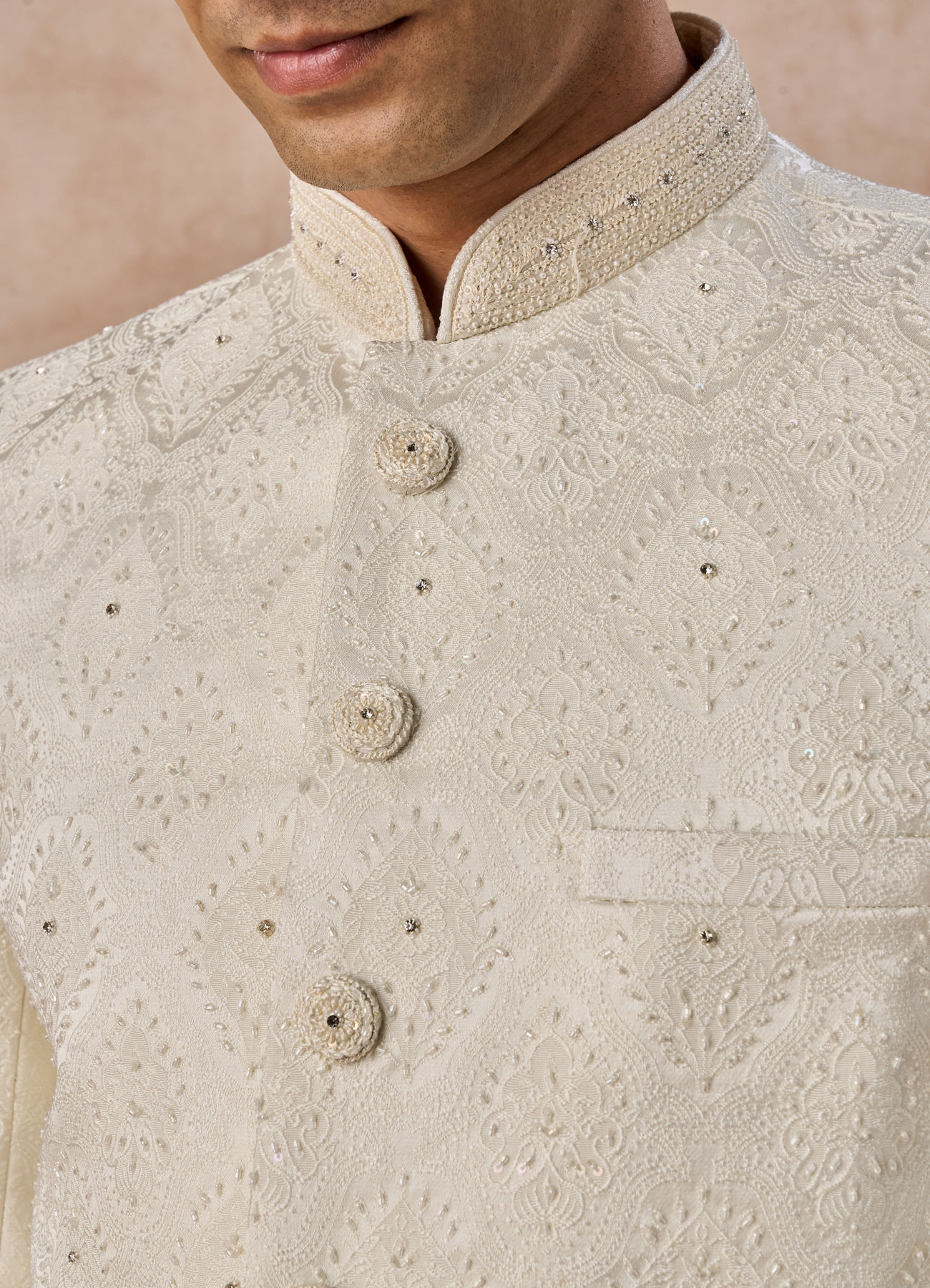 Manyavar Men Cream Brocade Jodhpuri Suit