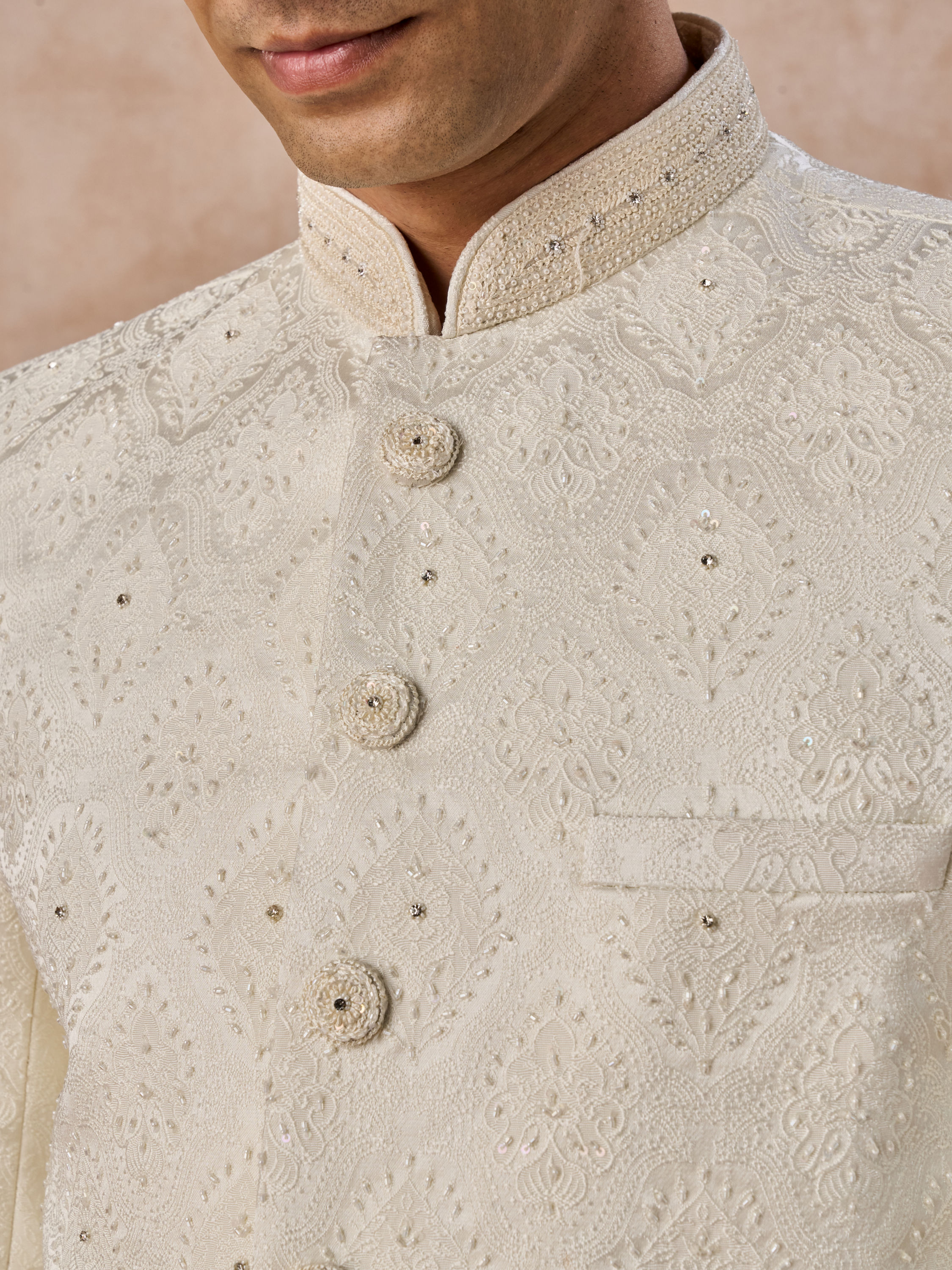 Manyavar Men Cream Brocade Jodhpuri Suit
