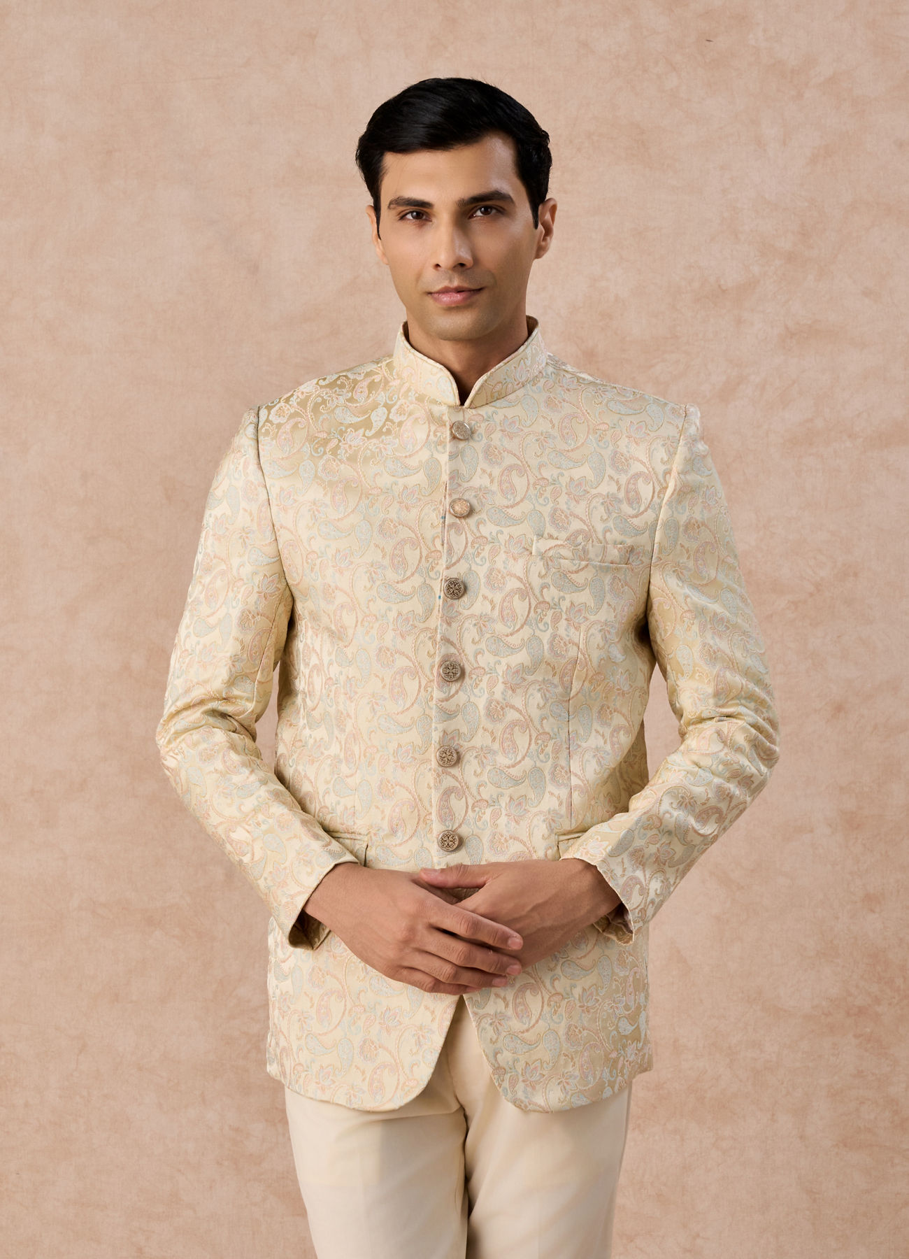 Manyavar Men Beige Elegance Satin Jodhpuri Suit