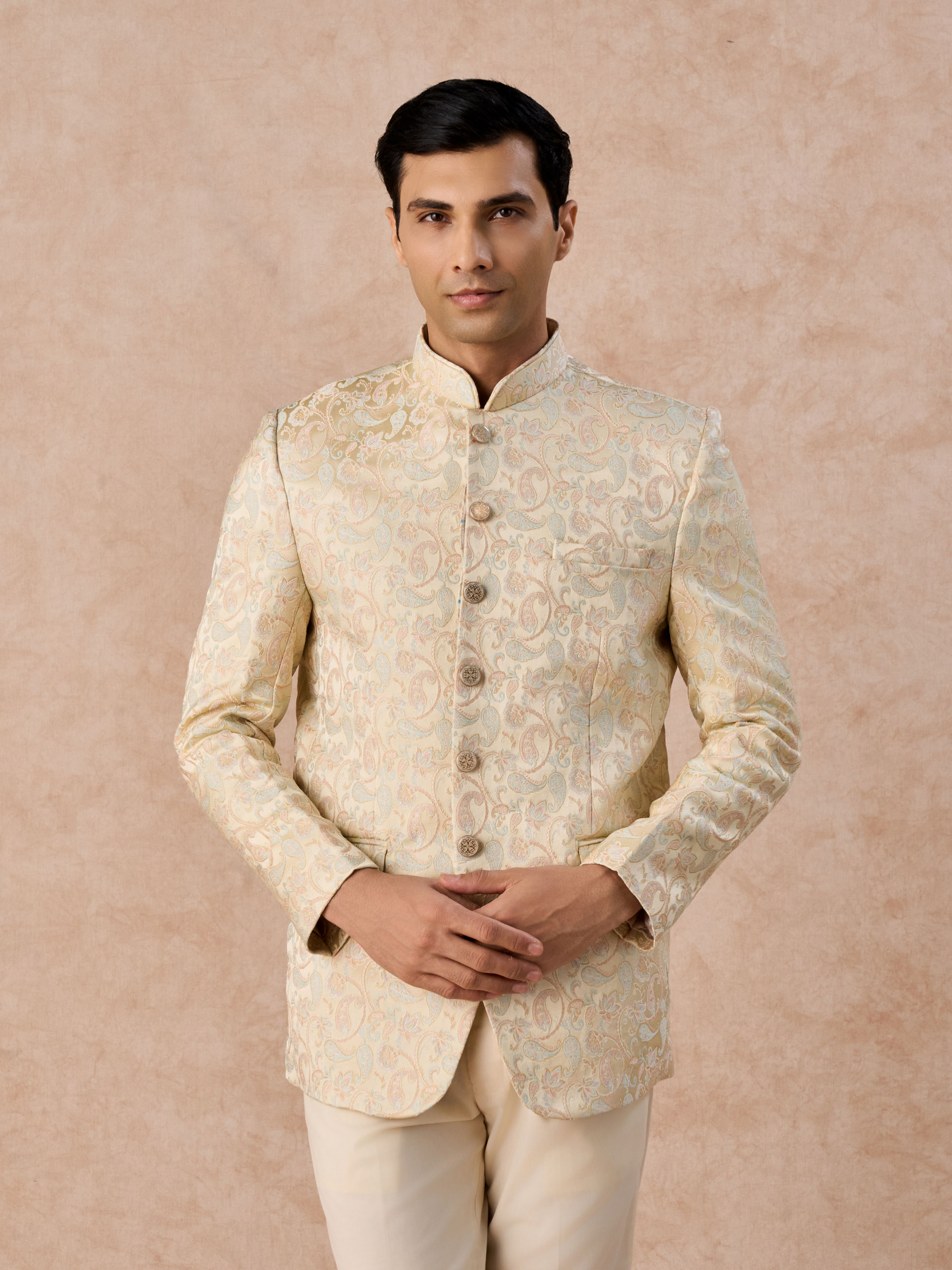 Manyavar Men Beige Elegance Satin Jodhpuri Suit