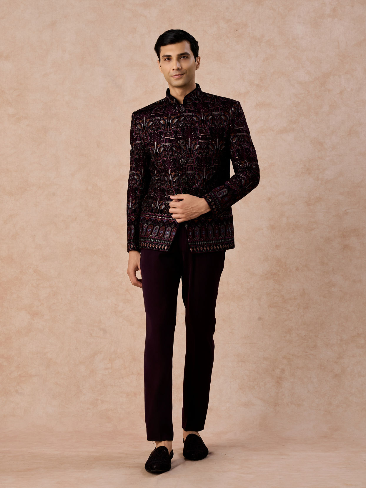 Manyavar Men Velvety Wine Glory Jodhpuri Suit