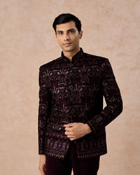 Manyavar Men Velvety Wine Glory Jodhpuri Suit