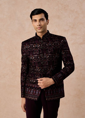 Manyavar Men Velvety Wine Glory Jodhpuri Suit