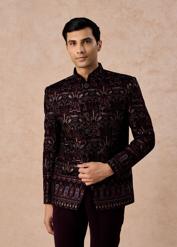 Manyavar Men Velvety Wine Glory Jodhpuri Suit