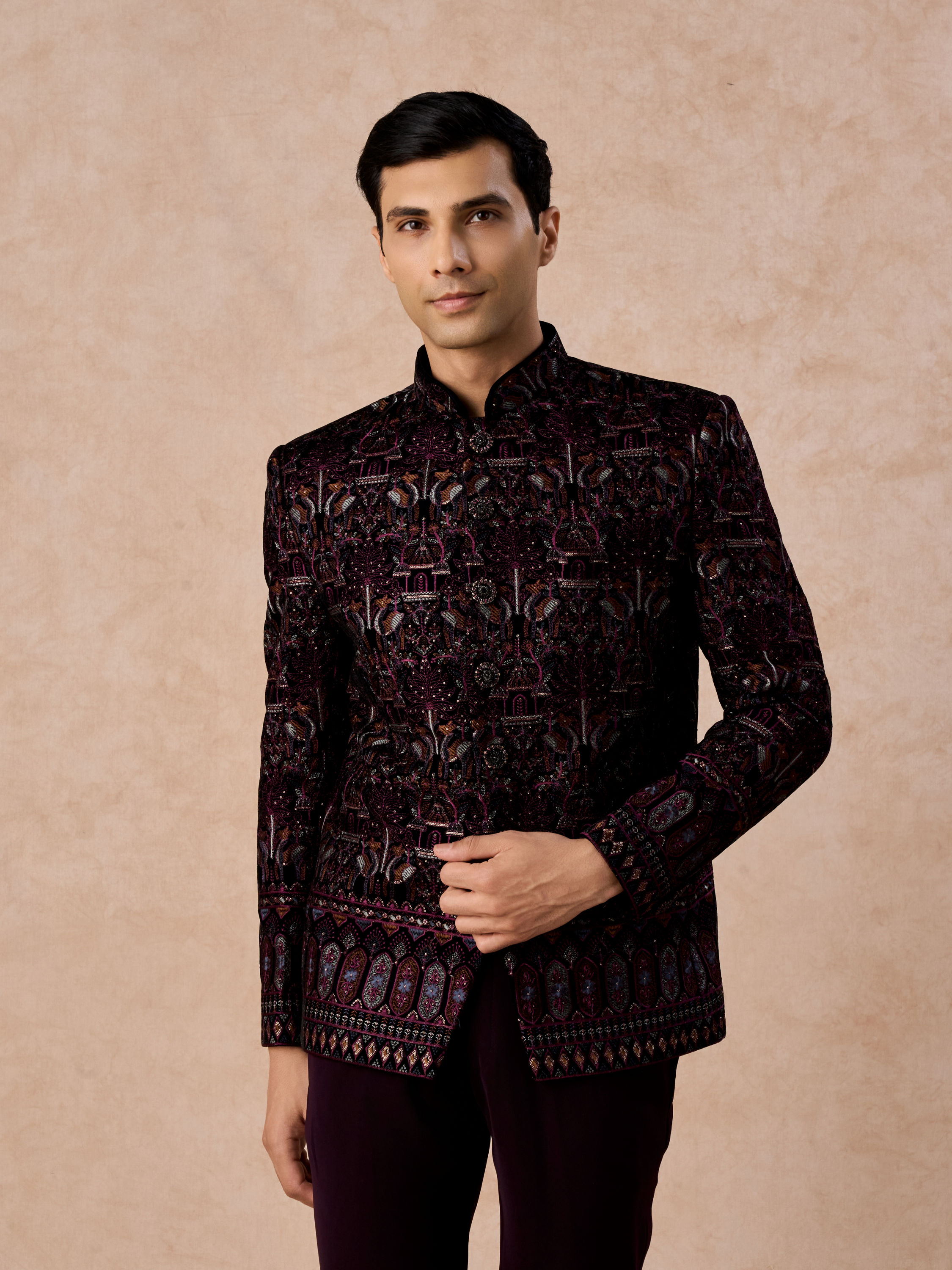 Manyavar Men Velvety Wine Glory Jodhpuri Suit