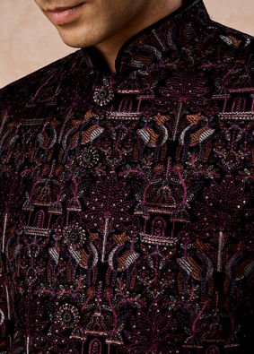 Manyavar Men Velvety Wine Glory Jodhpuri Suit