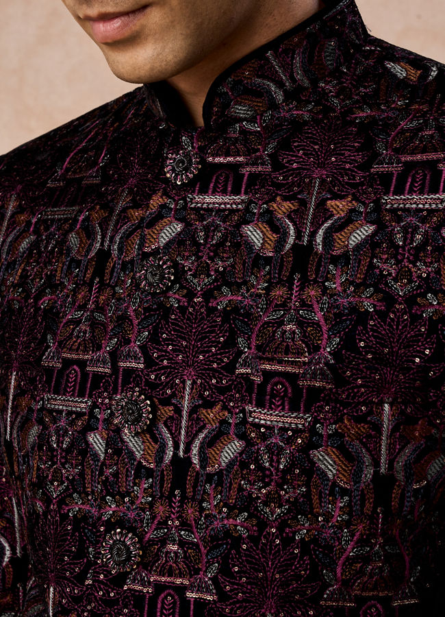 Manyavar Men Velvety Wine Glory Jodhpuri Suit