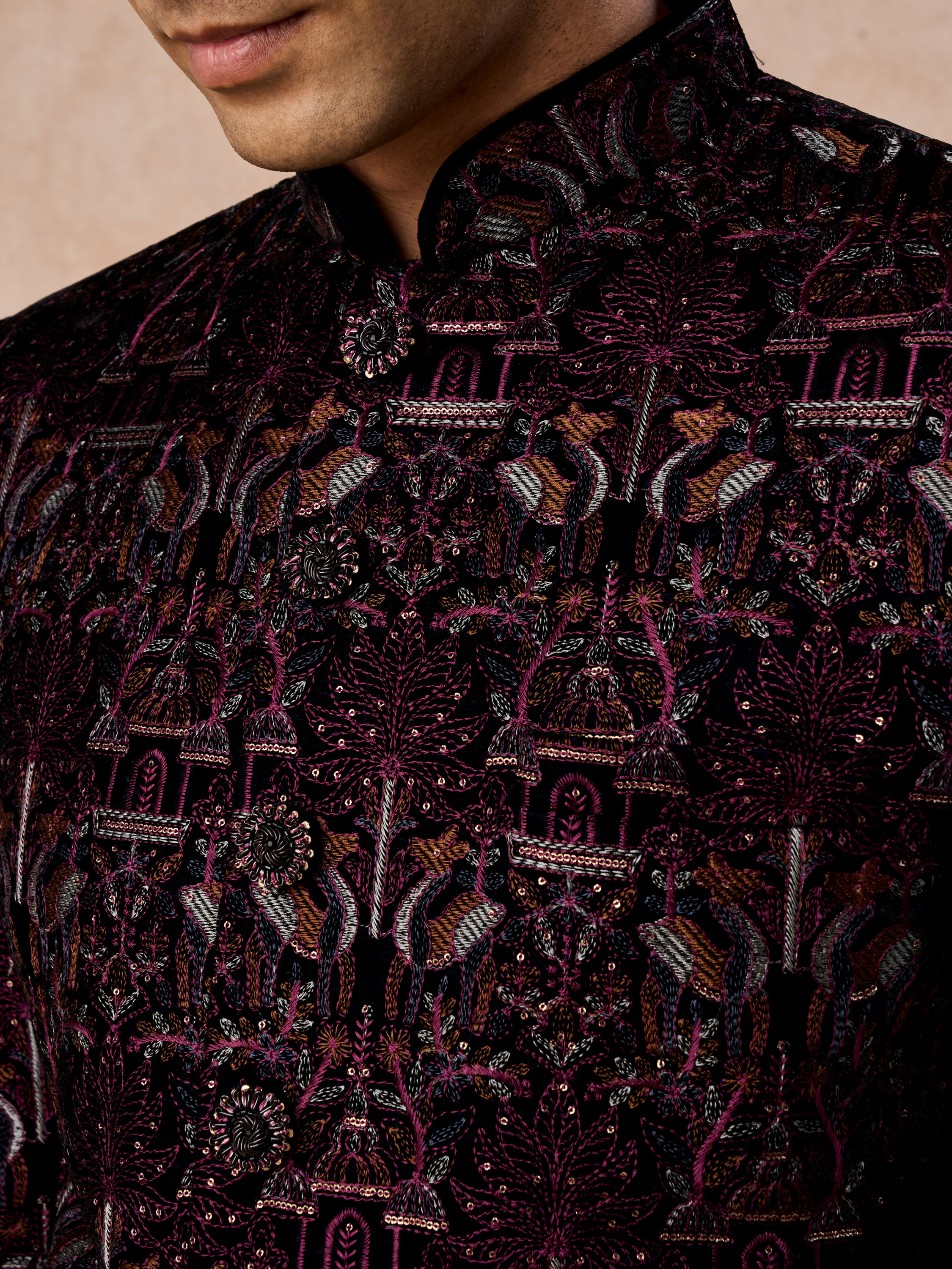 Manyavar Men Velvety Wine Glory Jodhpuri Suit