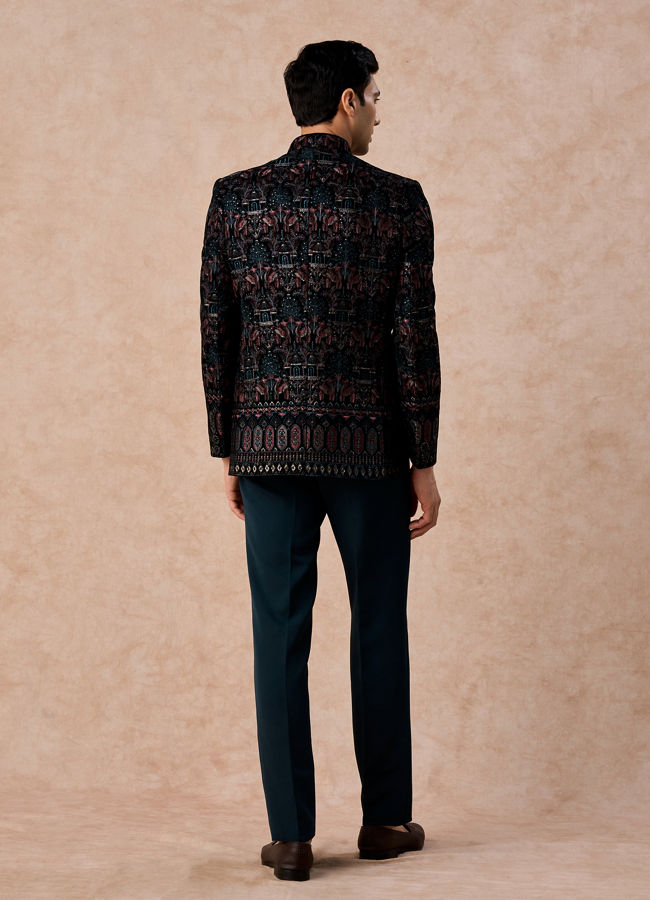 Manyavar Men Teal Green Velvet Splendour Jodhpuri Suit