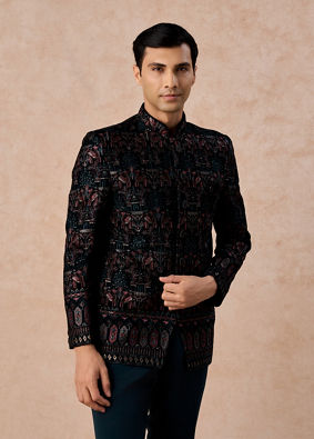 Manyavar Men Teal Green Velvet Splendour Jodhpuri Suit