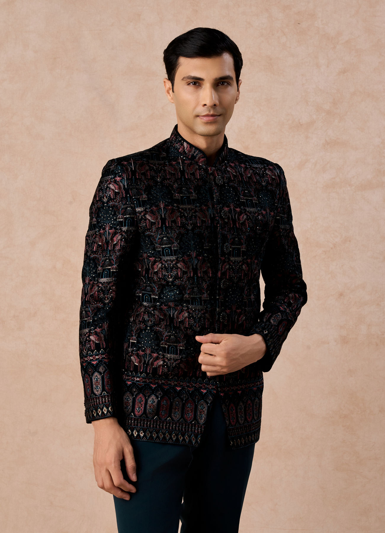 Manyavar Men Teal Green Velvet Splendour Jodhpuri Suit