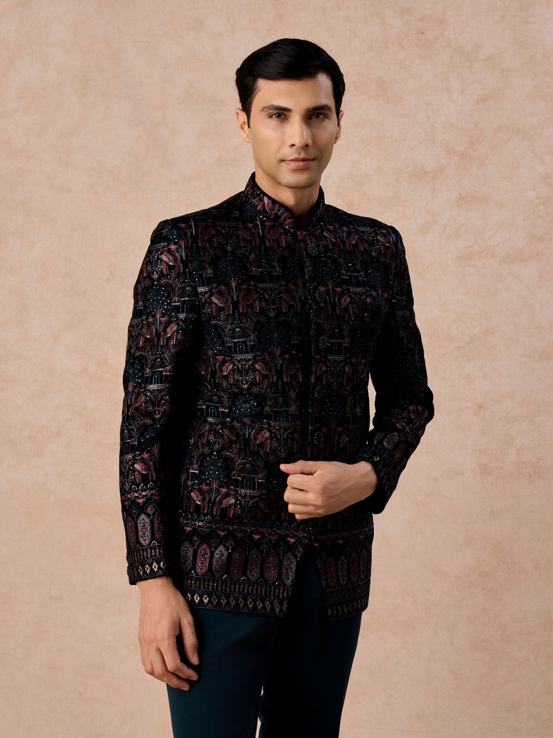 Manyavar Men Teal Green Velvet Splendour Jodhpuri Suit