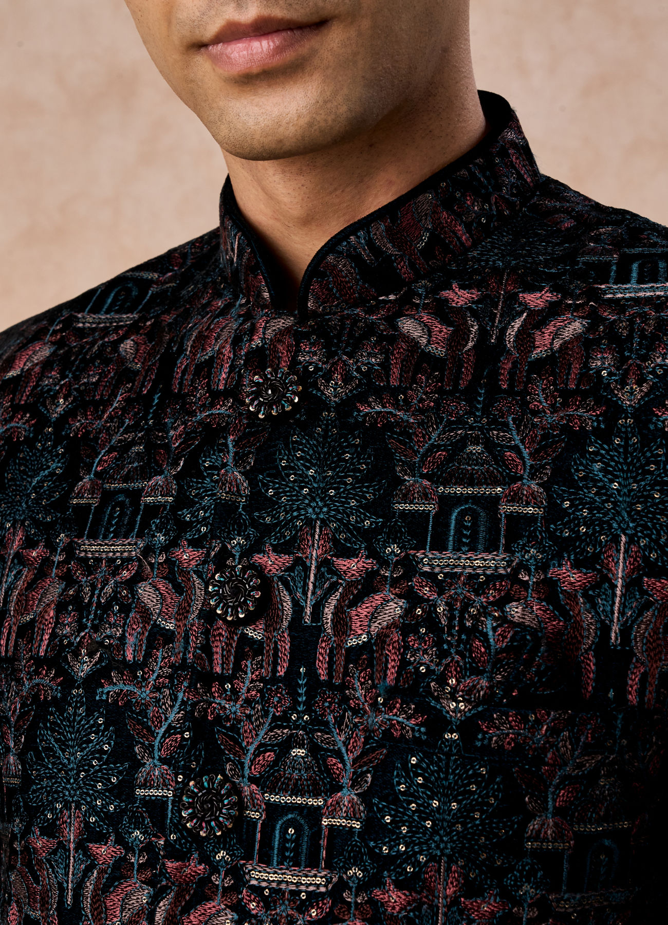 Manyavar Men Teal Green Velvet Splendour Jodhpuri Suit