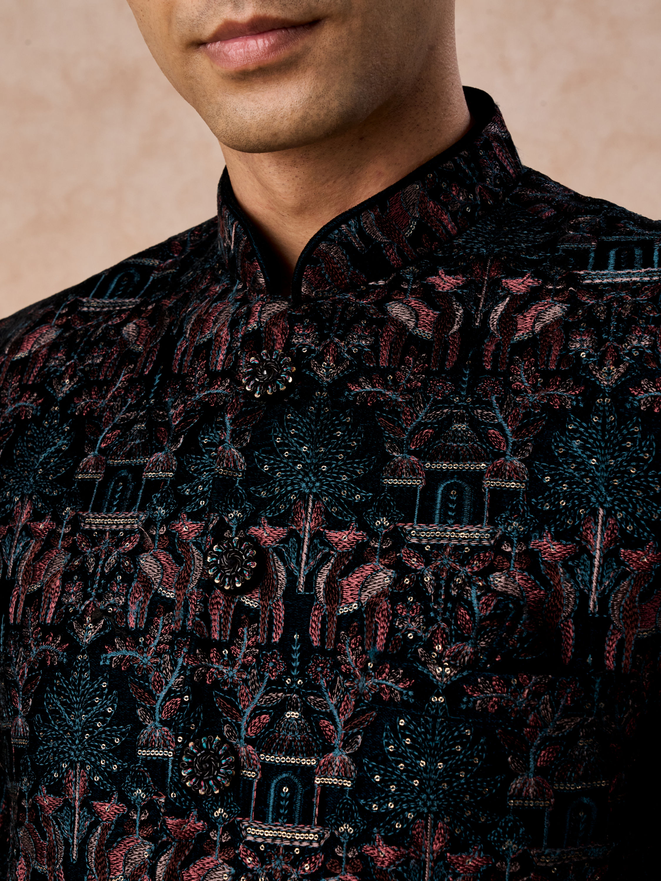 Manyavar Men Teal Green Velvet Splendour Jodhpuri Suit