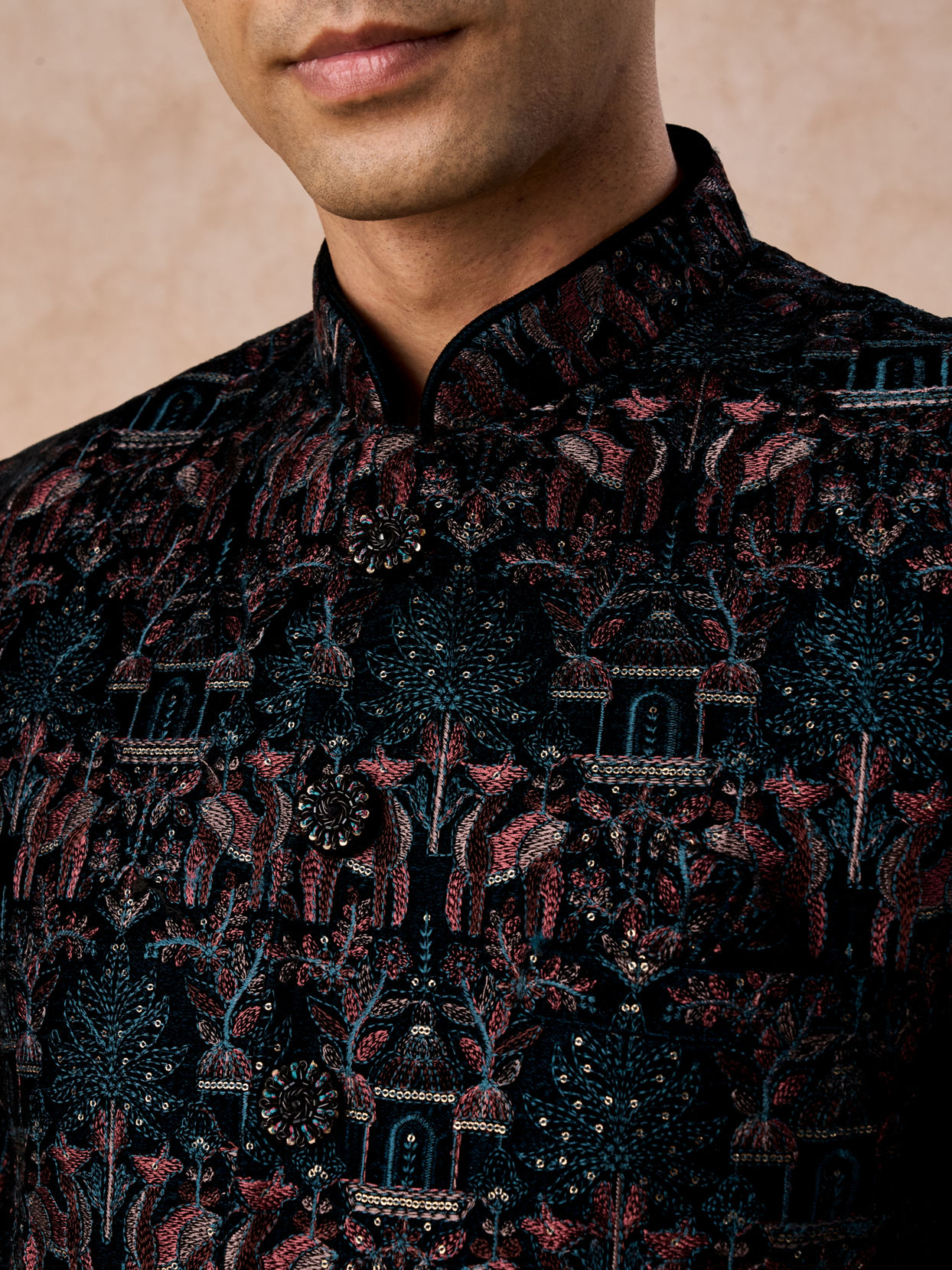 Manyavar Men Teal Green Velvet Splendour Jodhpuri Suit