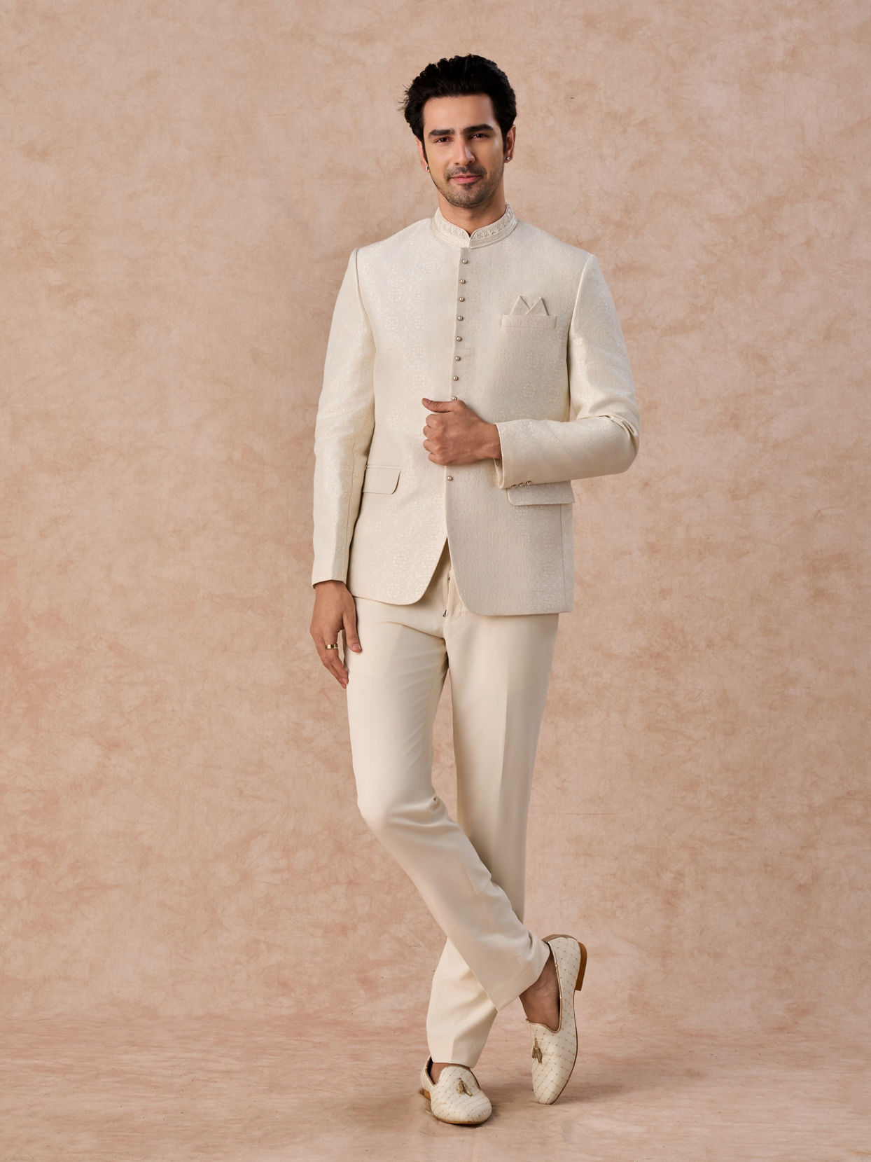 Manyavar Men Elegant Cream Jodhpuri Suit