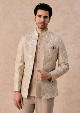Manyavar Men Exquisite Beige Open Jodhpuri Suit