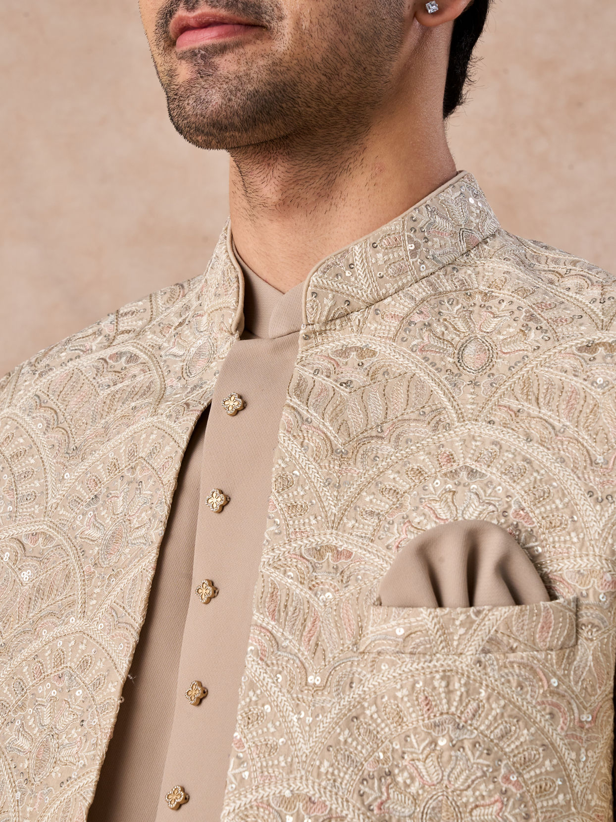 Manyavar Men Exquisite Beige Open Jodhpuri Suit
