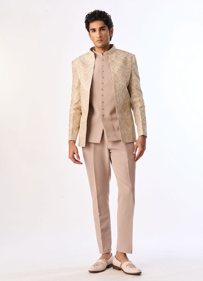 Manyavar Men Exquisite Beige Open Jodhpuri Suit