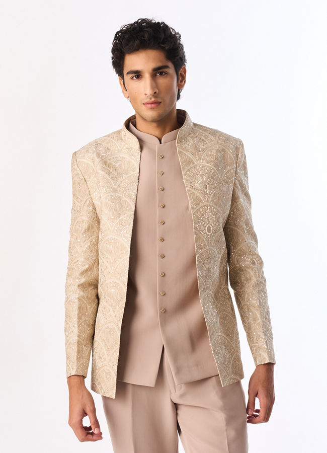 Manyavar Men Exquisite Beige Open Jodhpuri Suit