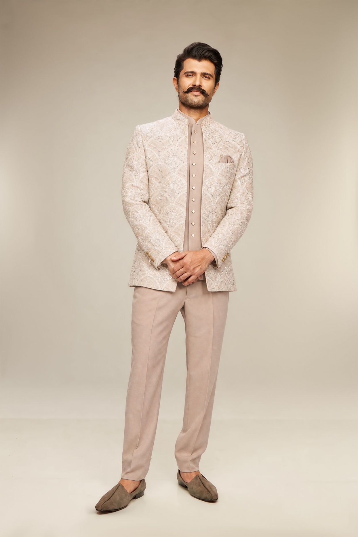 Manyavar Men Exquisite Beige Open Jodhpuri Suit