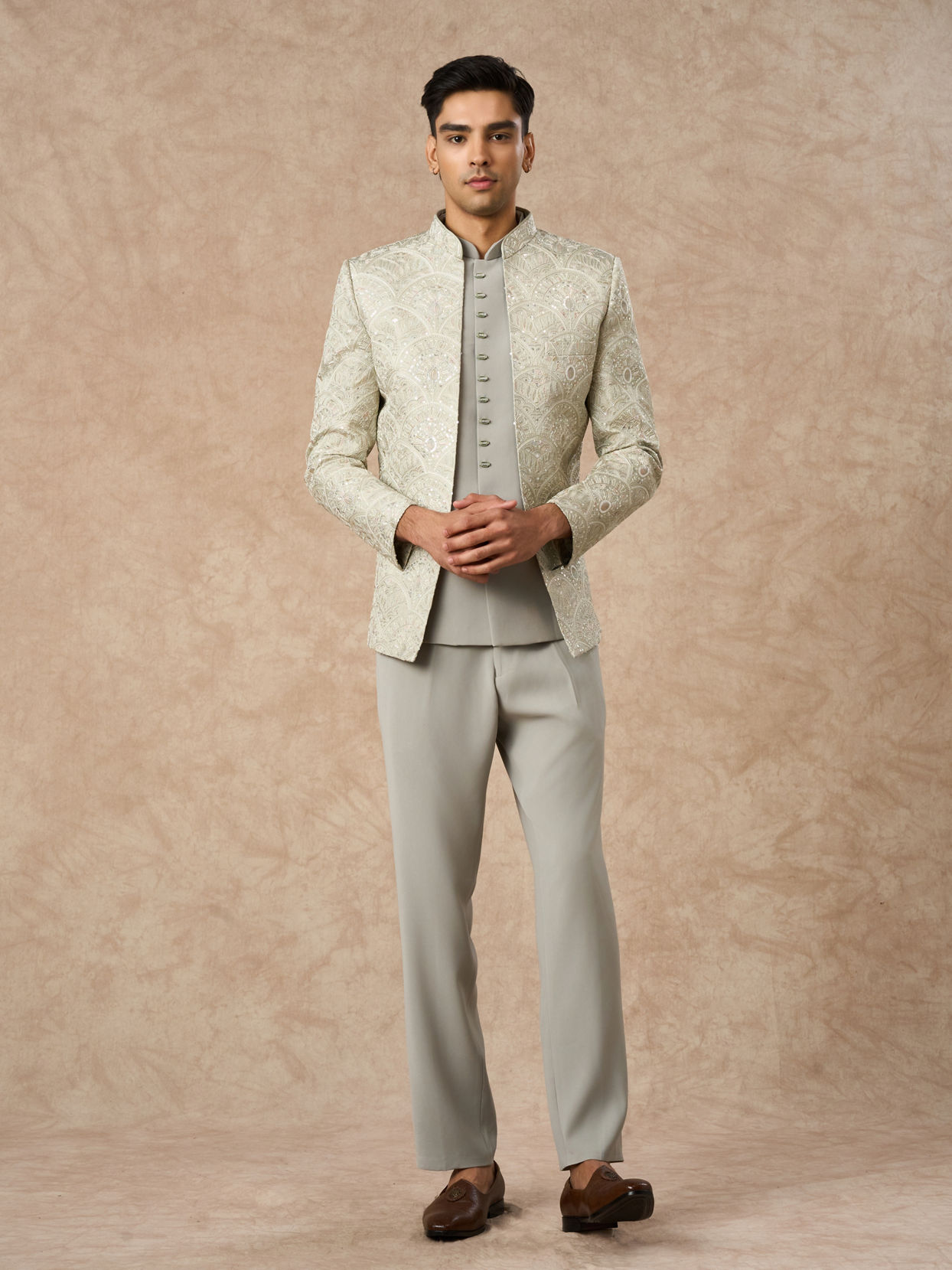 Manyavar Men Pista Green Art Silk Jodhpuri Suit