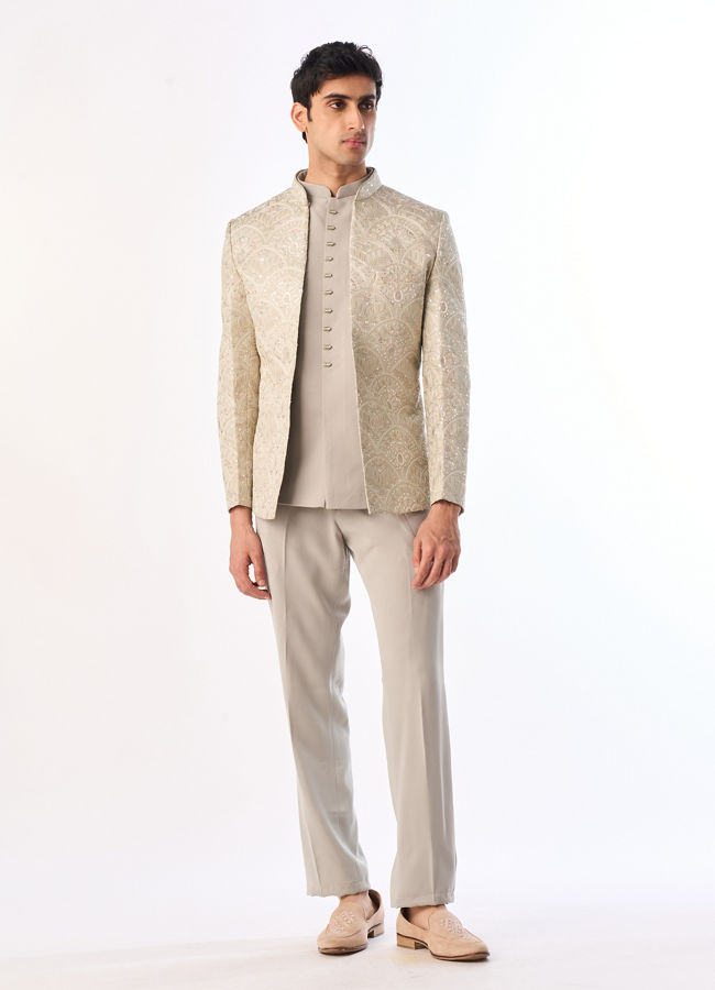 Manyavar Men Pista Green Silk Jodhpuri Suit