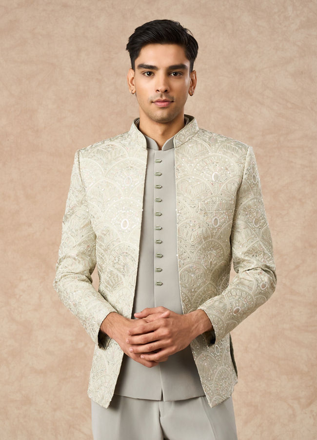 Manyavar Men Pista Green Art Silk Jodhpuri Suit