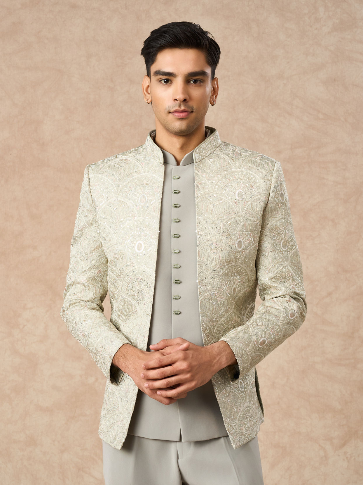Manyavar Men Pista Green Art Silk Jodhpuri Suit