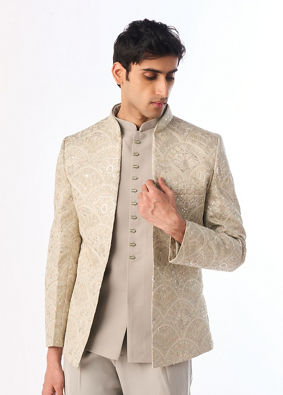 Manyavar Men Pista Green Silk Jodhpuri Suit