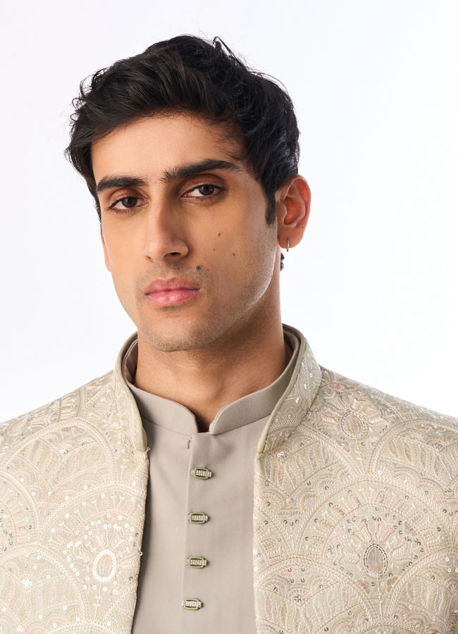Manyavar Men Pista Green Silk Jodhpuri Suit