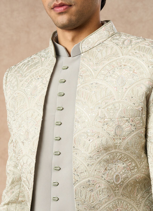Manyavar Men Pista Green Art Silk Jodhpuri Suit