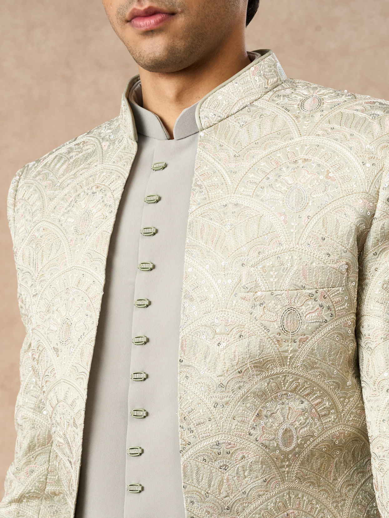 Manyavar Men Pista Green Art Silk Jodhpuri Suit
