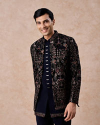 Manyavar Men Velvety Charm Dark Blue Open Jodhpuri Suit