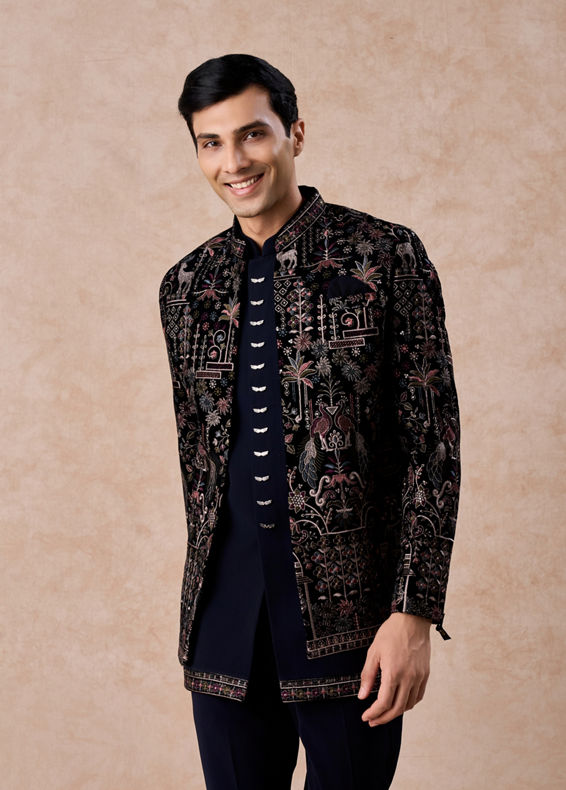 Manyavar Men Velvety Charm Dark Blue Open Jodhpuri Suit