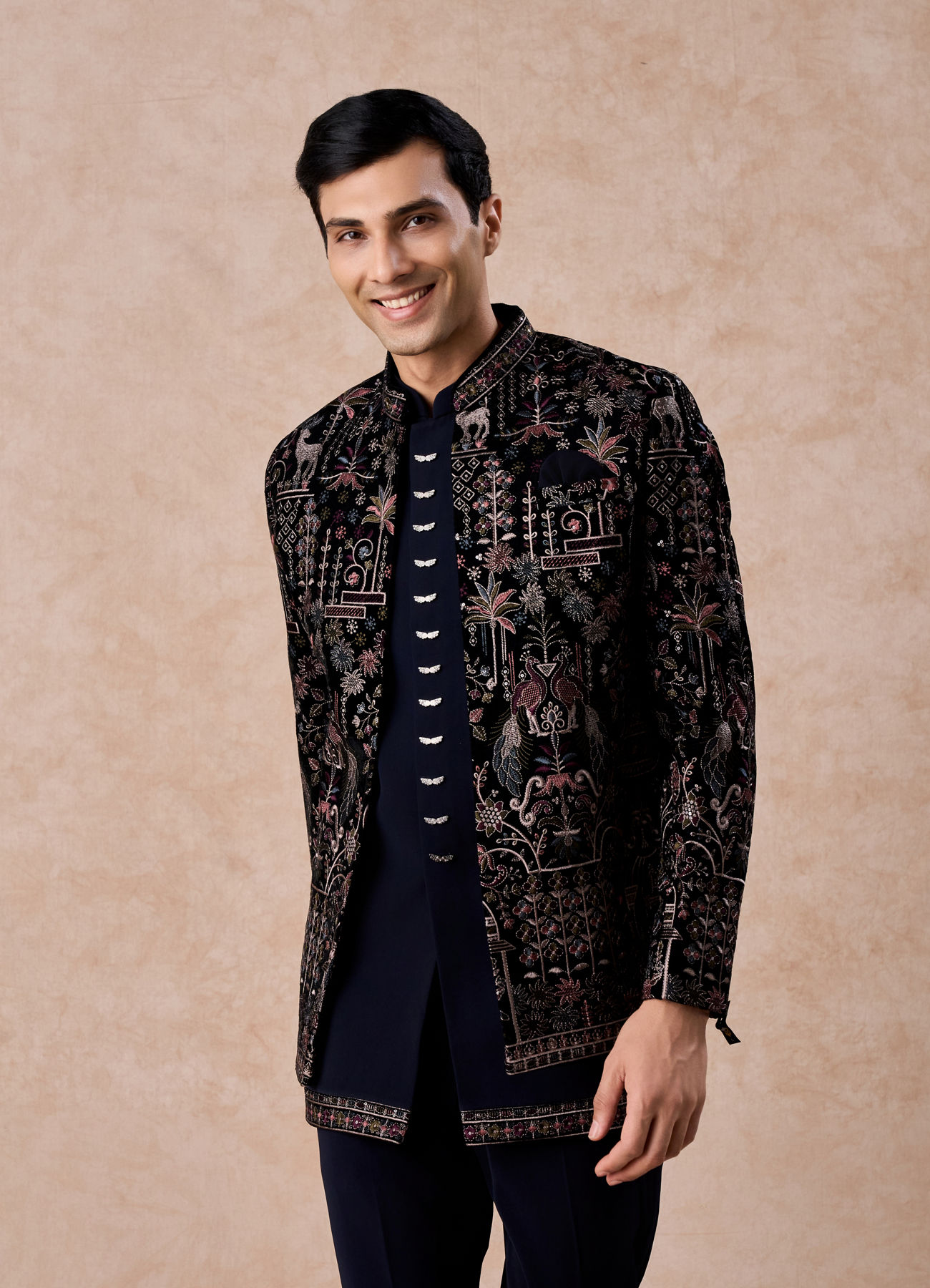 Manyavar Men Velvety Charm Dark Blue Open Jodhpuri Suit